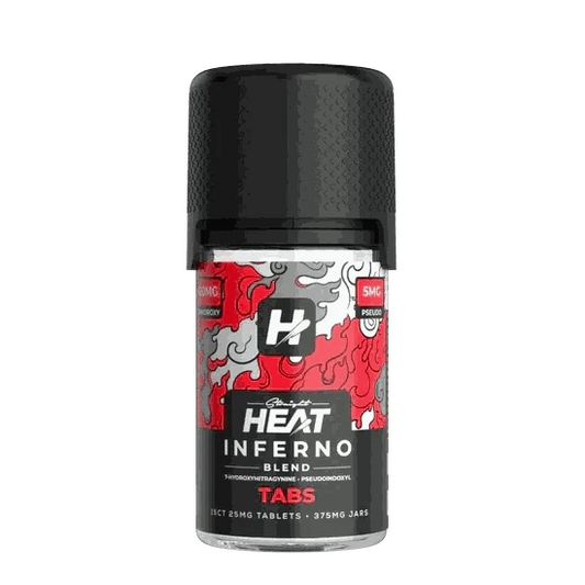 Heat Inferno Blend Tablets bottle with black cap and red flame design, containing 15 tablets of 375mg potent blend for experienced users.