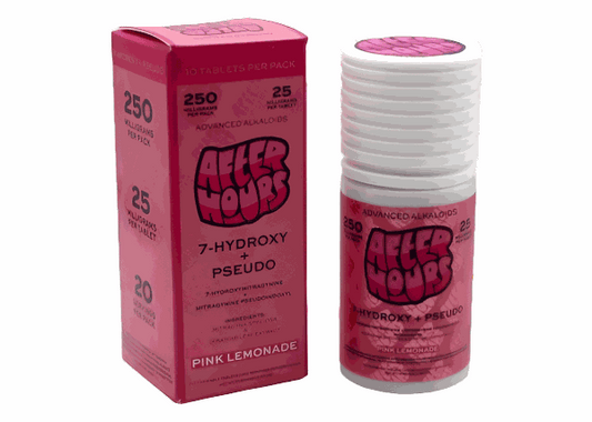 After Hours 7-Hydroxy + Pseudo Pink Lemonade supplement with 10 tablets and 25mg dosage in pink packaging