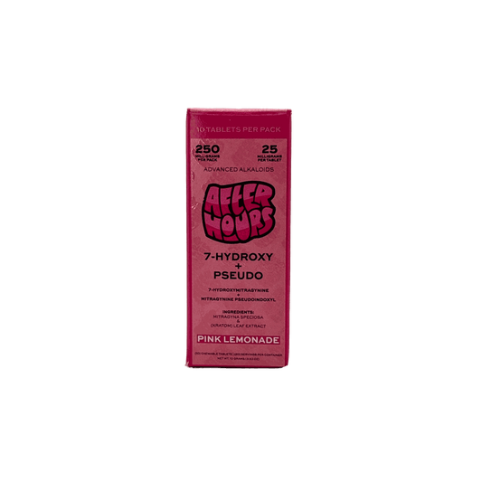 After Hours 7-Hydroxy + Pseudo pink lemonade flavored tablets pack with 10 tablets, 25mg each for wellness support.