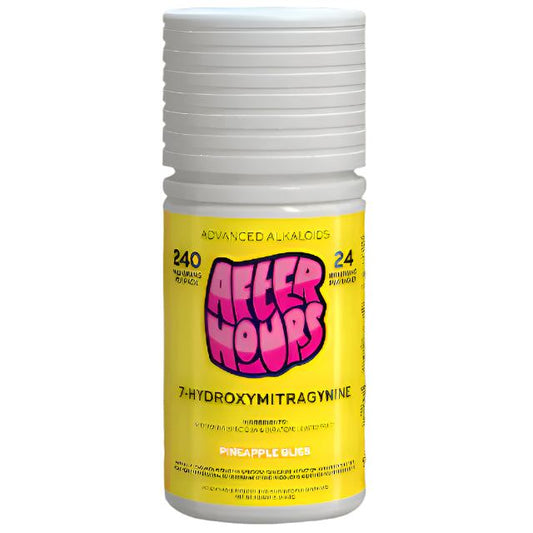 After Hours 7-Hydroxymitragynine Pineapple Bliss 24mg 10-tablet supplement bottle with yellow label