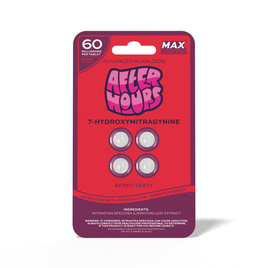 After Hours Advanced Alkaloids 7-Hydroxymitragynine 60mg max strength chewable tablets in Berry Tarty flavor, pack of 4.