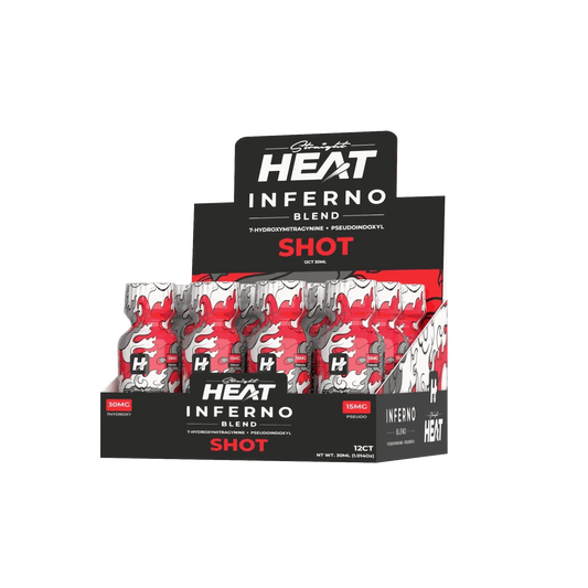 Heat Inferno Blend Tablets box with 12 potent 375mg tablets designed for intense focus and energy boosting.
