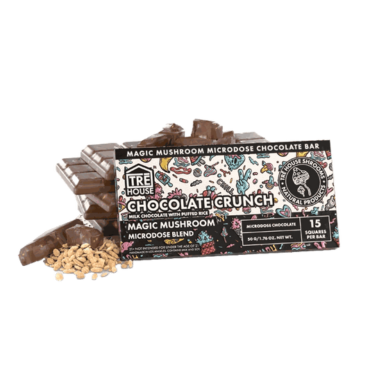 TRE House Magic Mushroom Chocolate Crunch bar with puffed rice, microdose blend, 15 squares per bar
