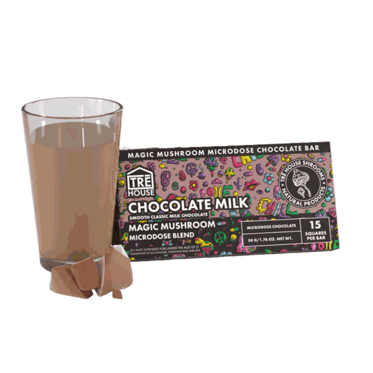 TRE House Magic Mushroom Chocolate Milk microdose chocolate bar with a glass of milk.