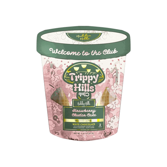Trippy Hills Club Mushroom Mushie Cones strawberry cluster cake white chocolate gourmet chocolate cones with mushroom blend in resealable green and pink package