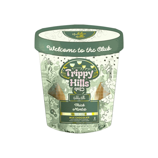 Trippy Hills Club Mushroom Mushie Cones milk chocolate fudge mint flavor in resealable container